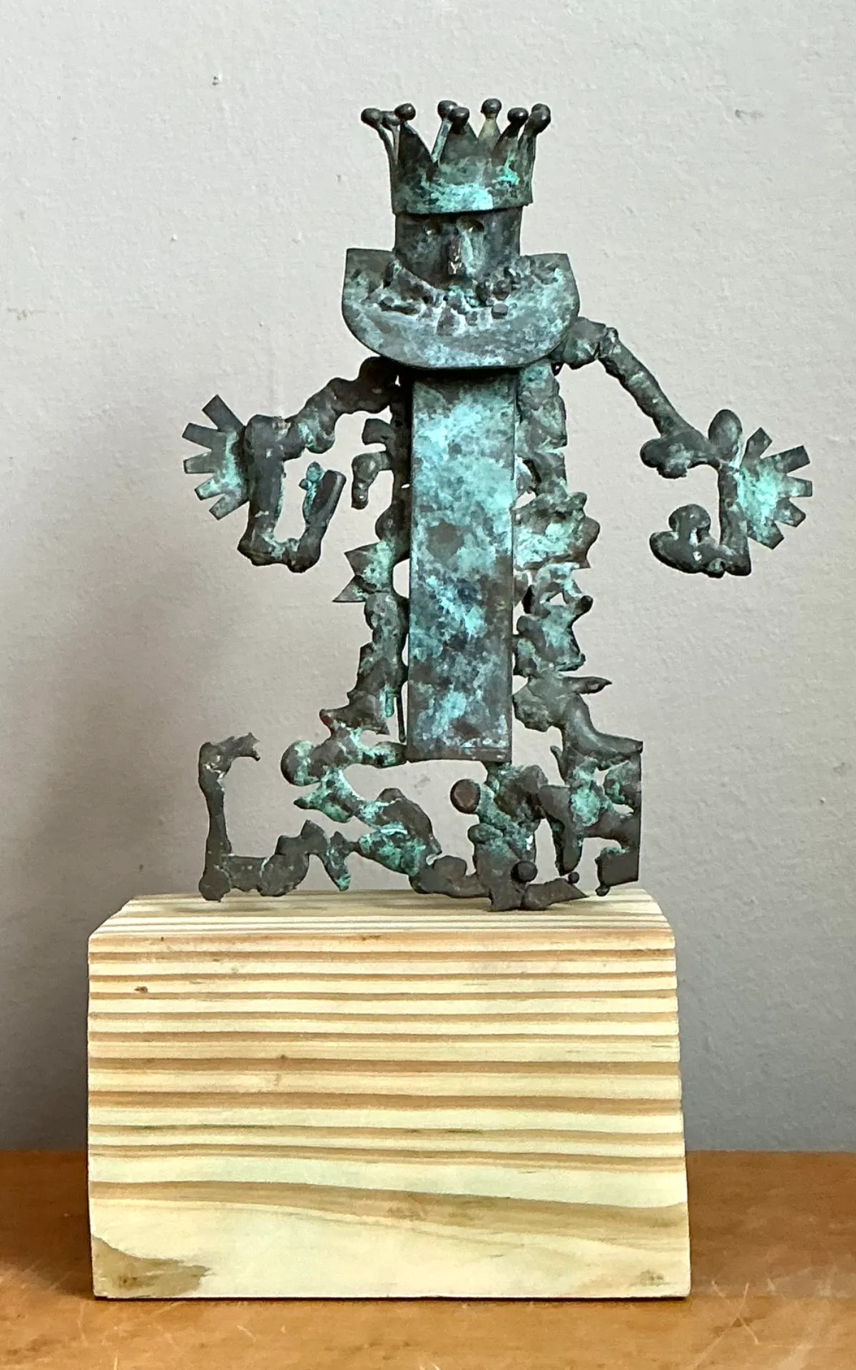 Vintage Patinated Metal Sculpture on Wood Base - Top view