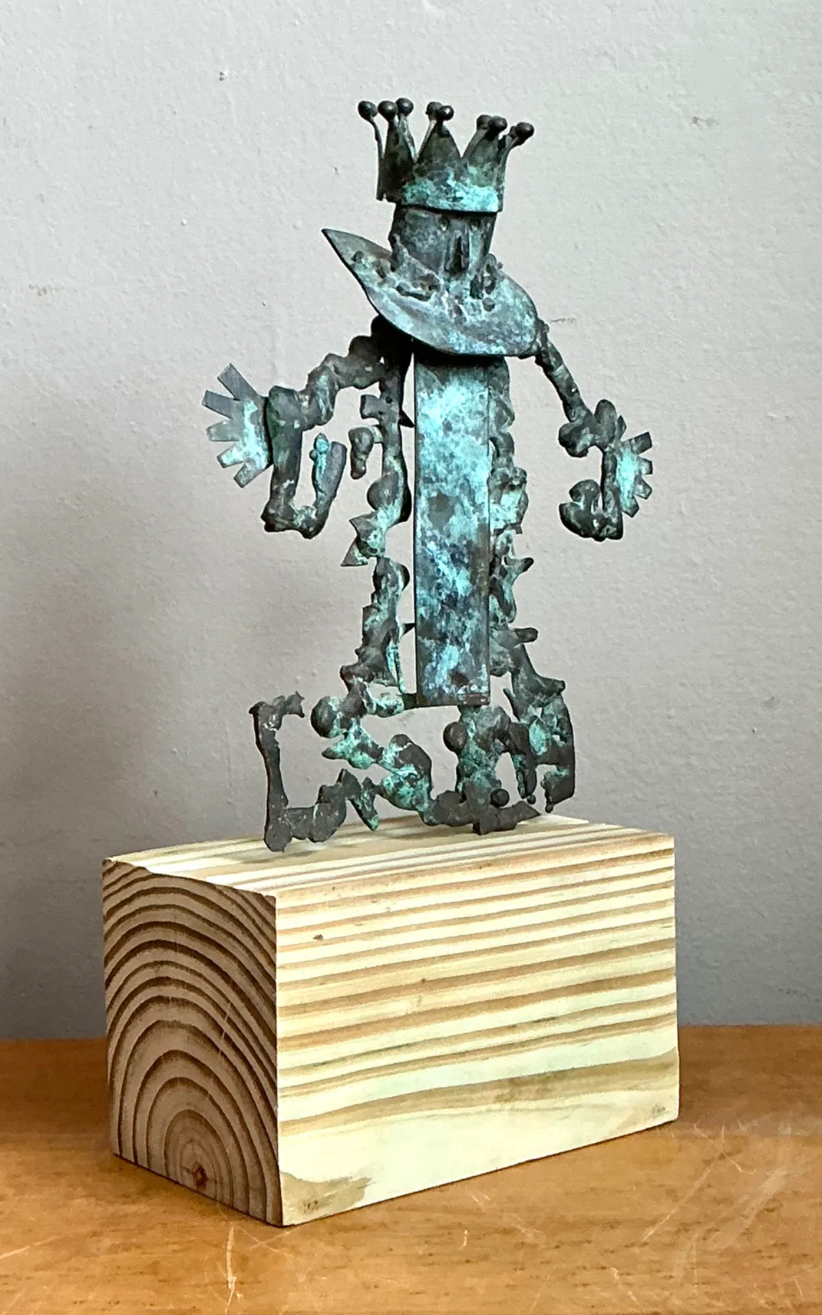 Vintage Patinated Metal Sculpture on Wood Base - Interior view