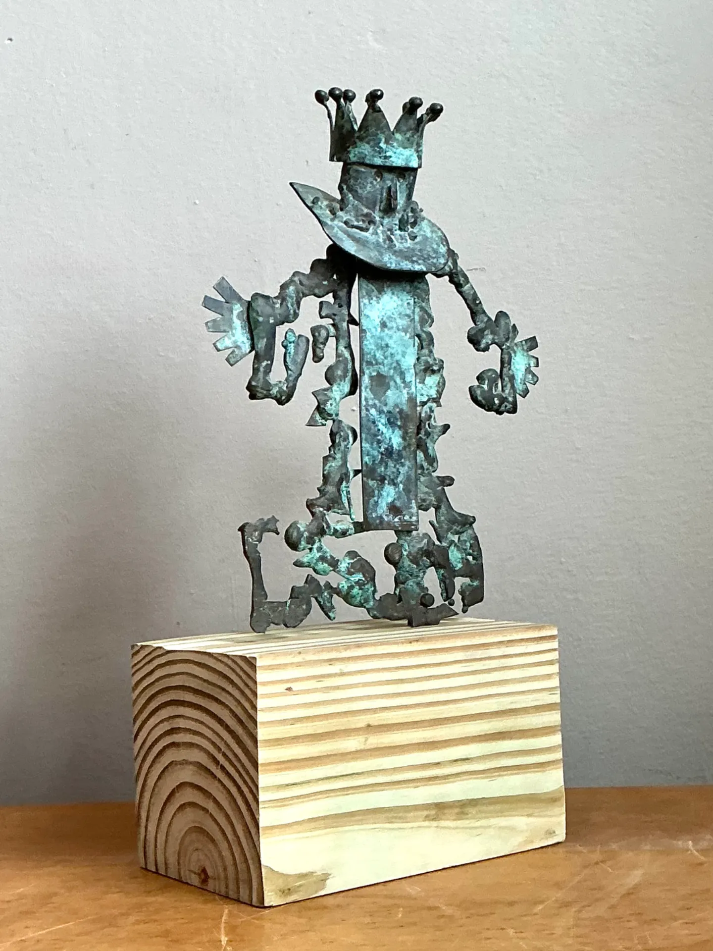 Vintage Patinated Metal Sculpture on Wood Base — additional photo 1