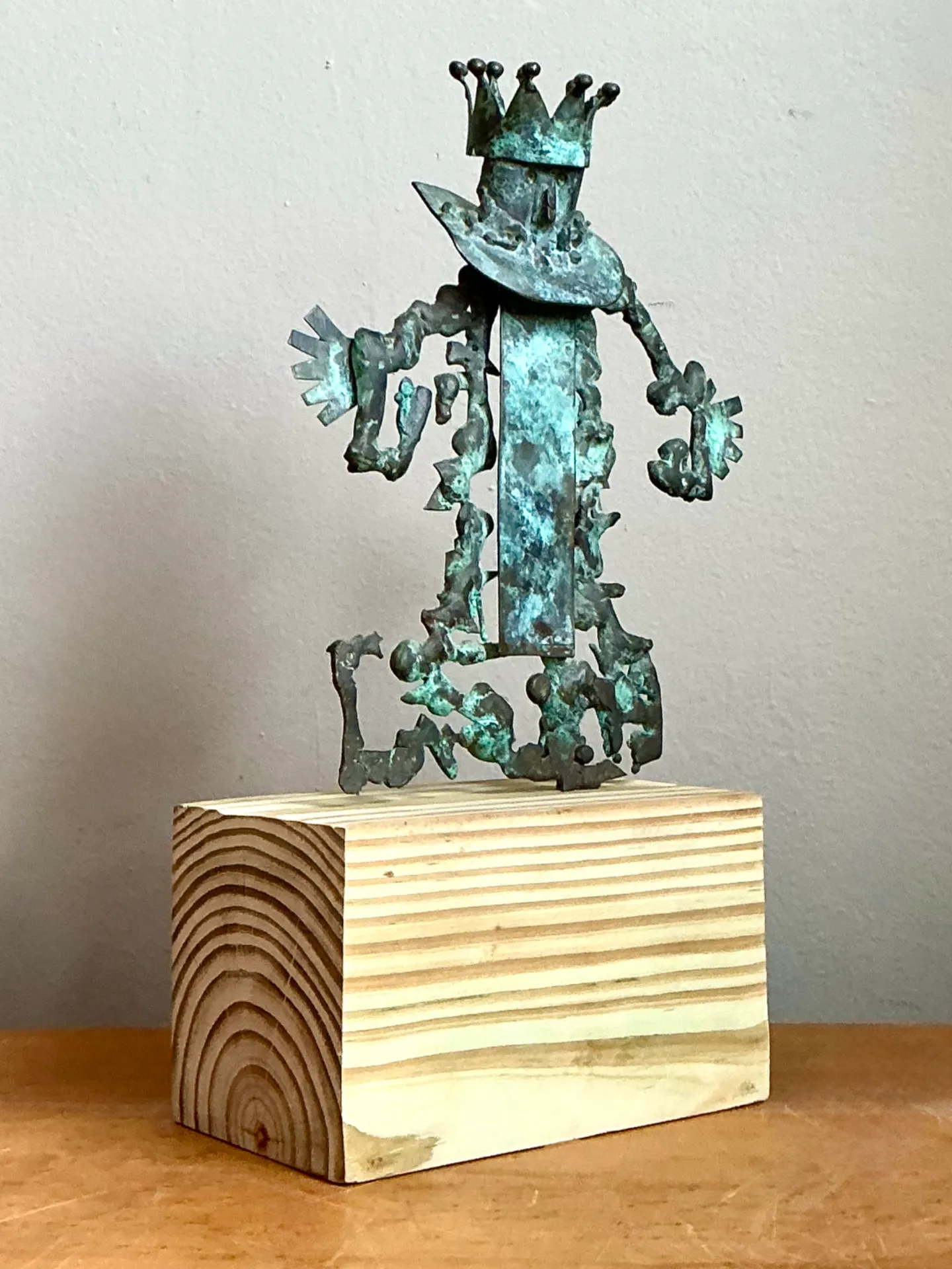 Vintage Patinated Metal Sculpture on Wood Base — additional photo 3