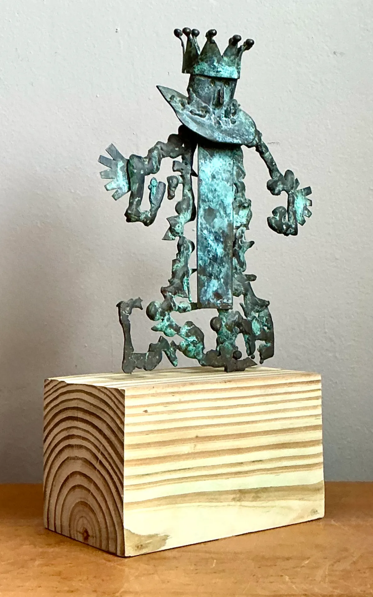 Vintage Patinated Metal Sculpture on Wood Base - Back view
