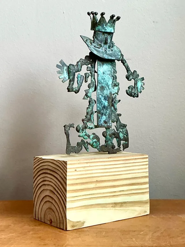Vintage Patinated Metal Sculpture on Wood Base — additional photo 3