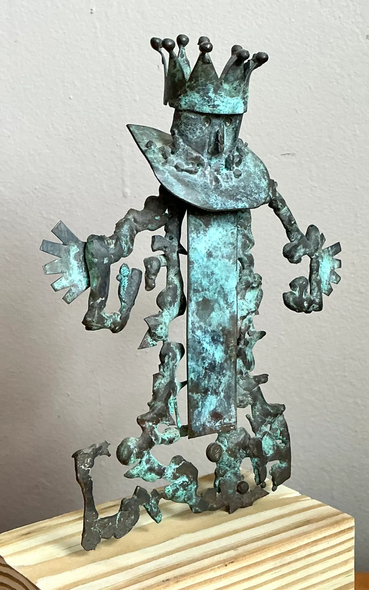Vintage Patinated Metal Sculpture on Wood Base - Angle view