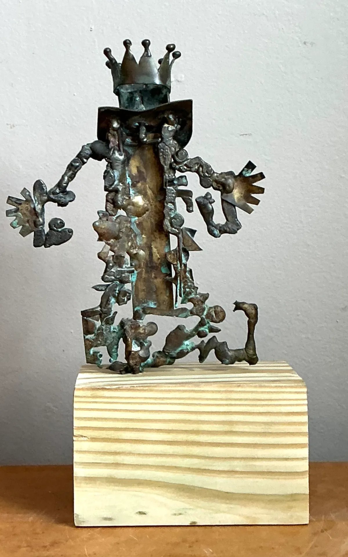 Vintage Patinated Metal Sculpture on Wood Base - Bottom view