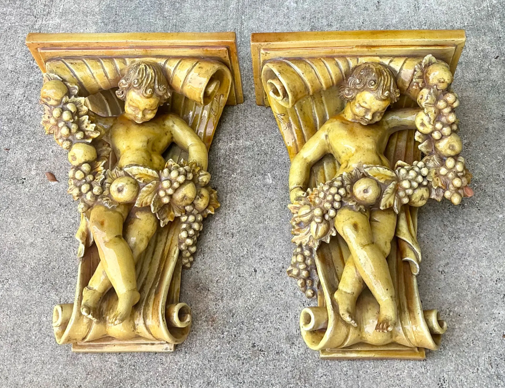 Vintage Italian Ceccerelli Fruit Garland Cherub Wall Terracotta Sconces — additional photo 7