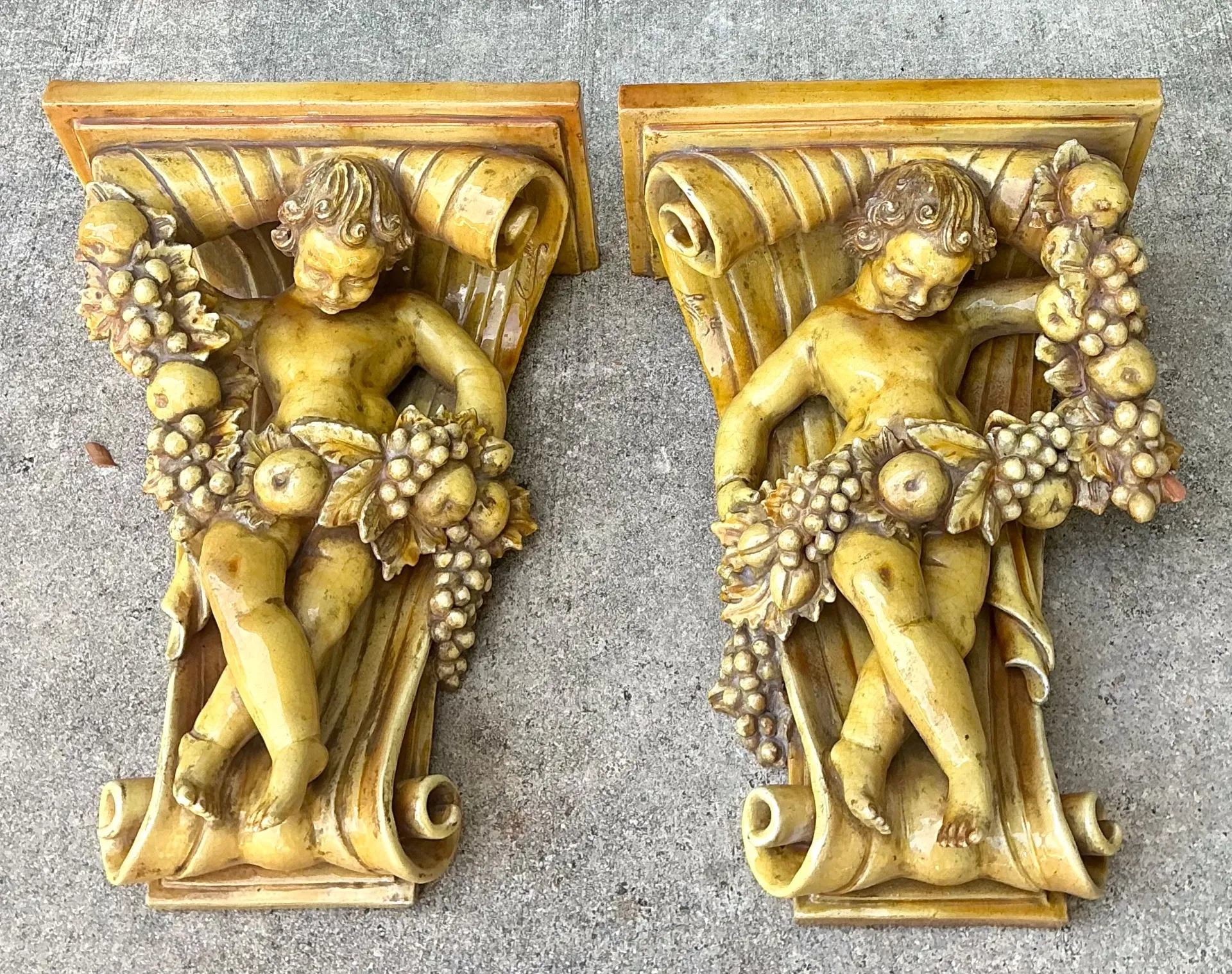 Vintage Italian Ceccerelli Fruit Garland Cherub Wall Terracotta Sconces — additional photo 3