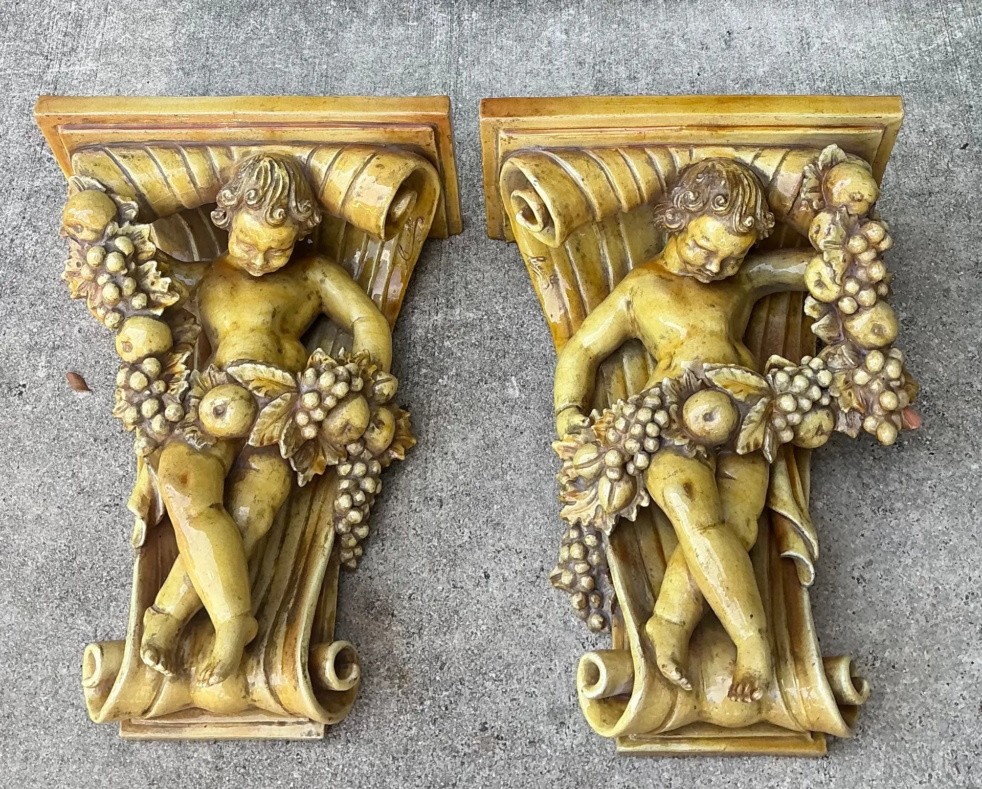 Vintage Italian Ceccerelli Fruit Garland Cherub Wall Terracotta Sconces — additional photo 4