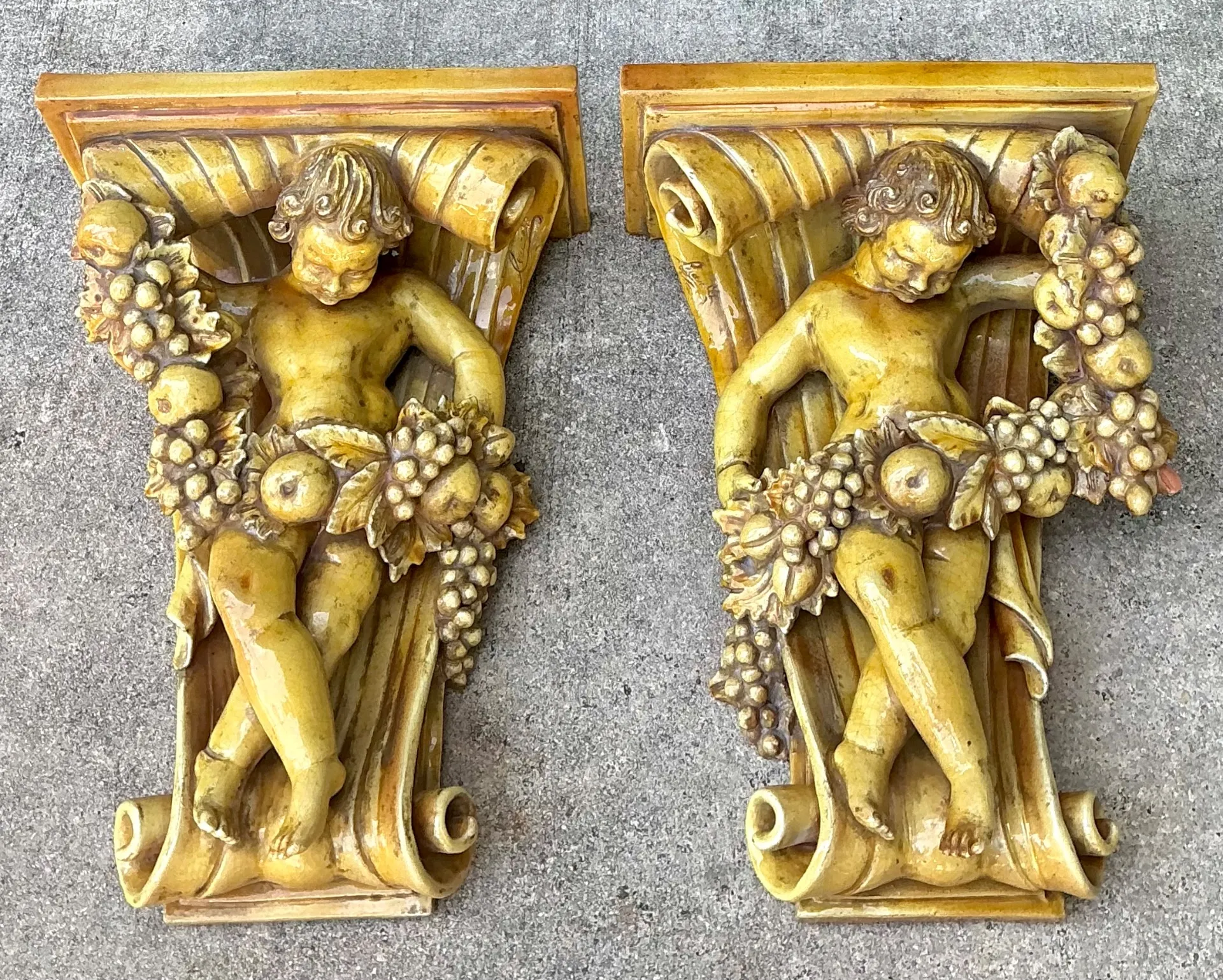 Vintage Italian Ceccerelli Fruit Garland Cherub Wall Terracotta Sconces — additional photo 5