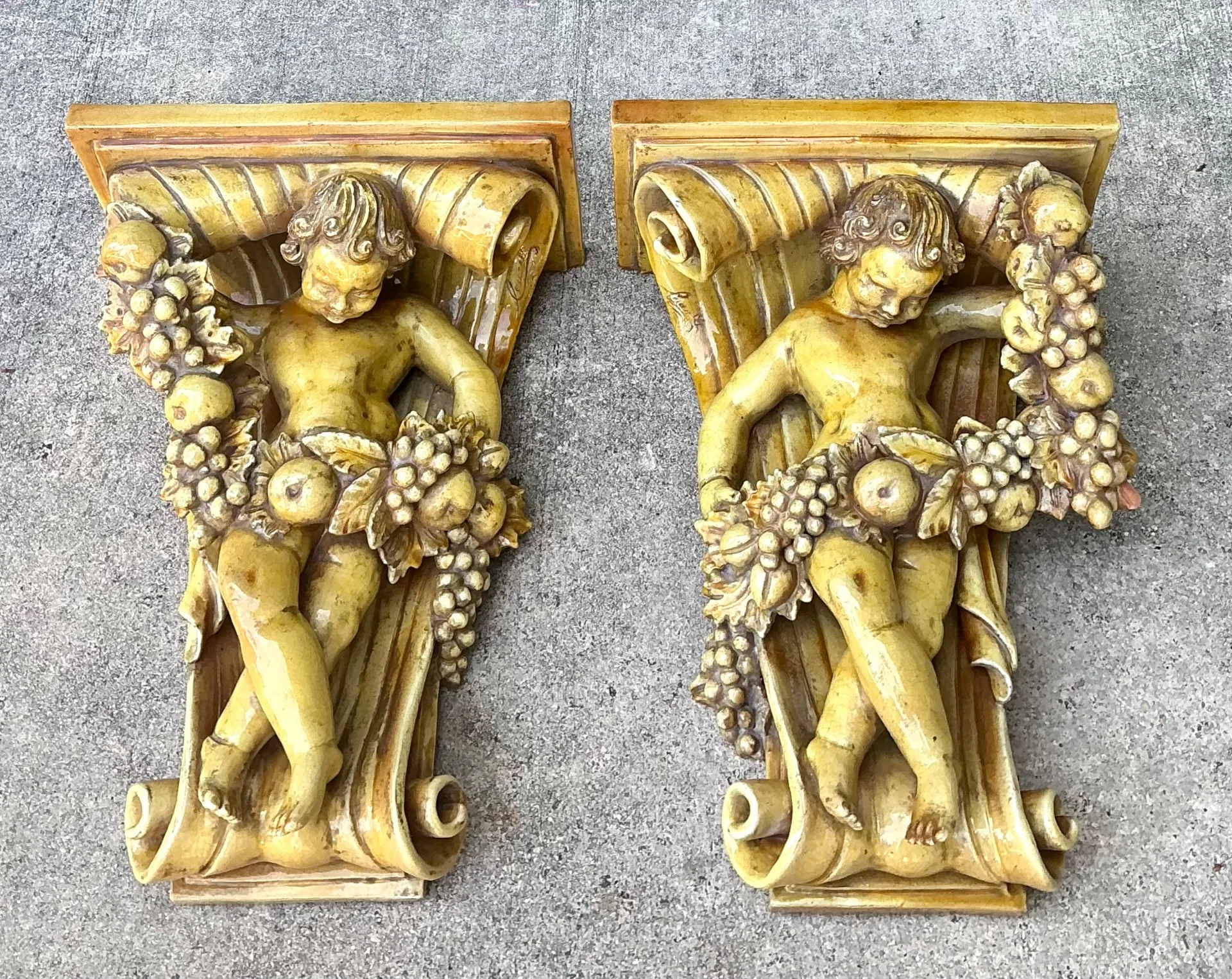 Vintage Italian Ceccerelli Fruit Garland Cherub Wall Terracotta Sconces — additional photo 6