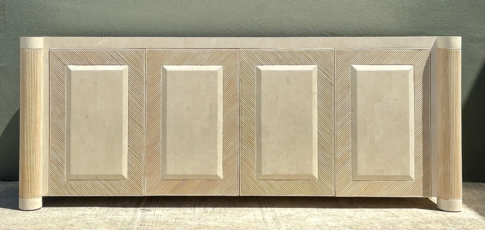 Vintage Washed Pencil Reed Credenza With Travertine Top — additional photo 3