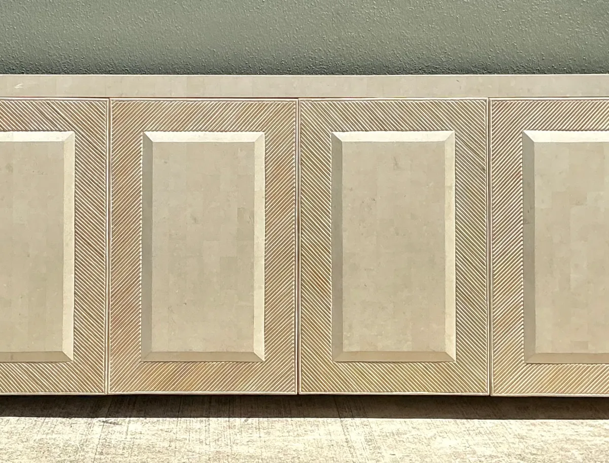 Vintage Washed Pencil Reed Credenza With Travertine Top — additional photo 3