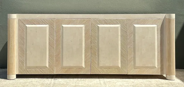 Vintage Washed Pencil Reed Credenza With Travertine Top — additional photo 3