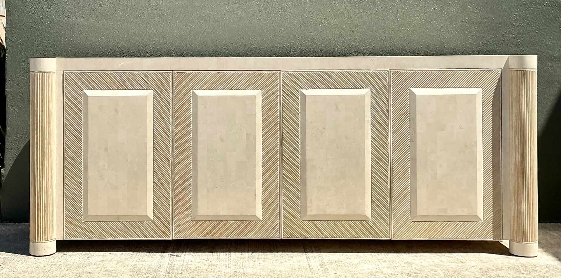 Vintage Washed Pencil Reed Credenza With Travertine Top — additional photo 1