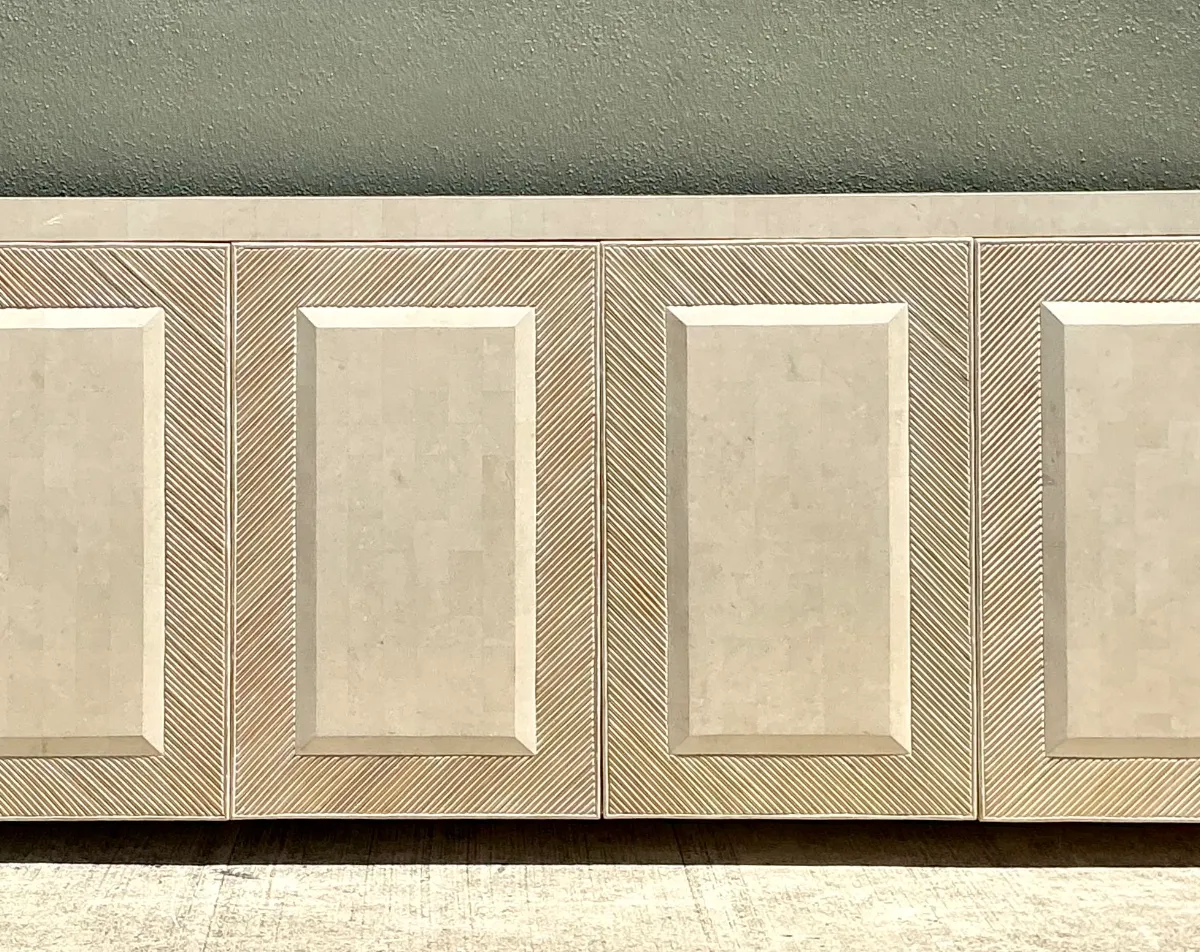 Vintage Washed Pencil Reed Credenza With Travertine Top — additional photo 1