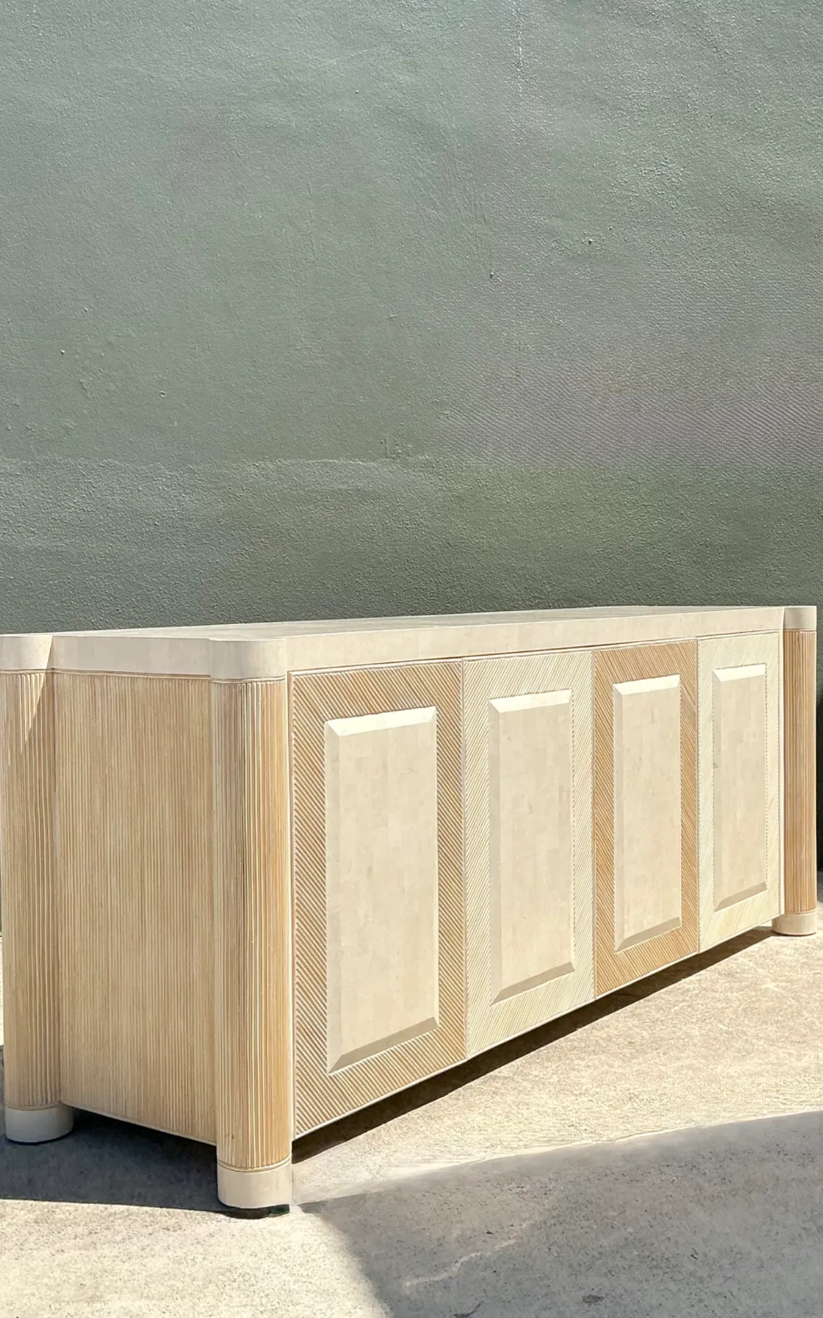 Vintage Washed Pencil Reed Credenza With Travertine Top — additional photo 8