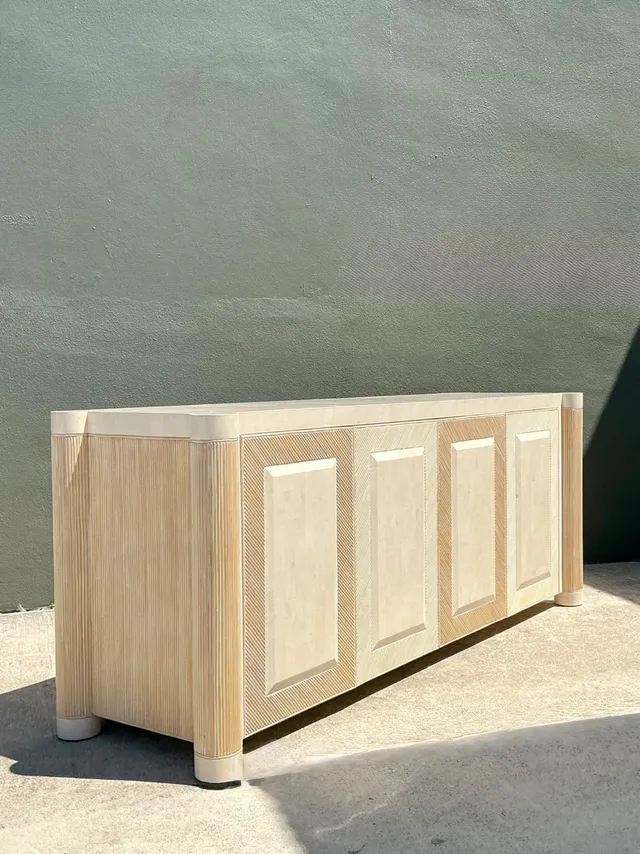 Vintage Washed Pencil Reed Credenza With Travertine Top — additional photo 8