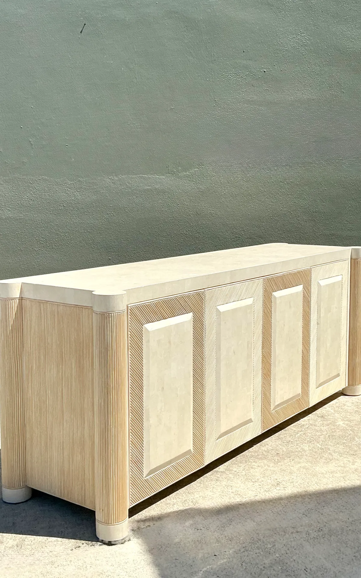 Vintage Washed Pencil Reed Credenza With Travertine Top — additional photo 2
