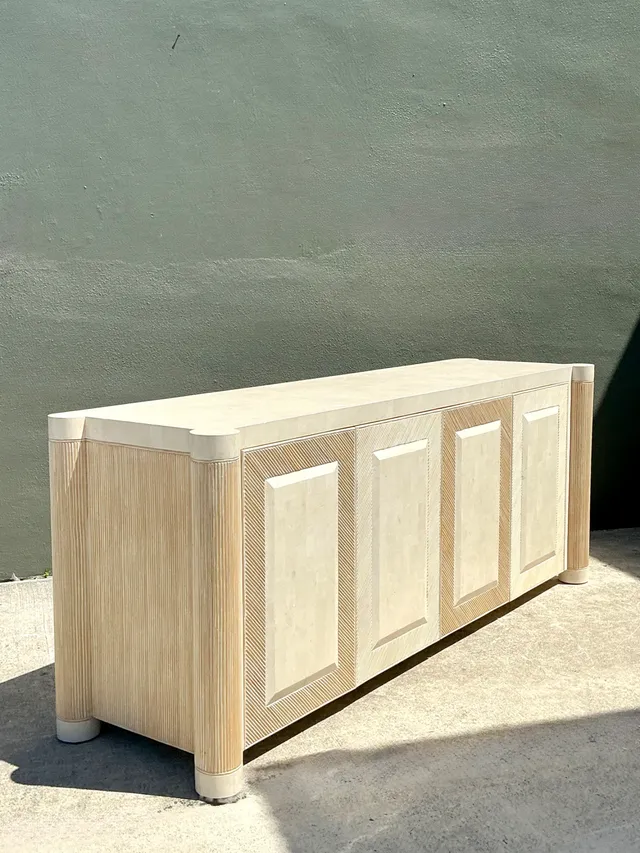Vintage Washed Pencil Reed Credenza With Travertine Top — additional photo 2