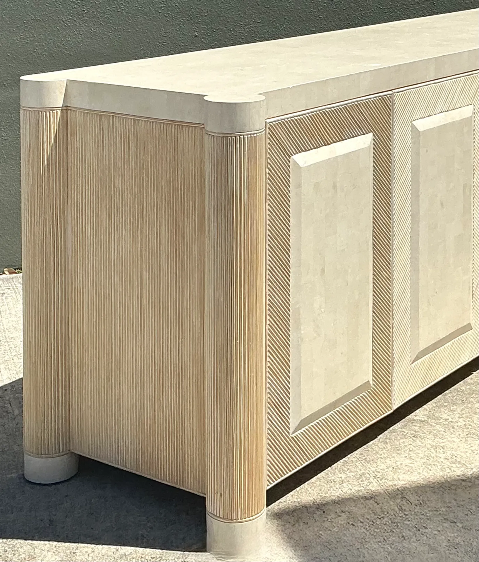 Vintage Washed Pencil Reed Credenza With Travertine Top — additional photo 5