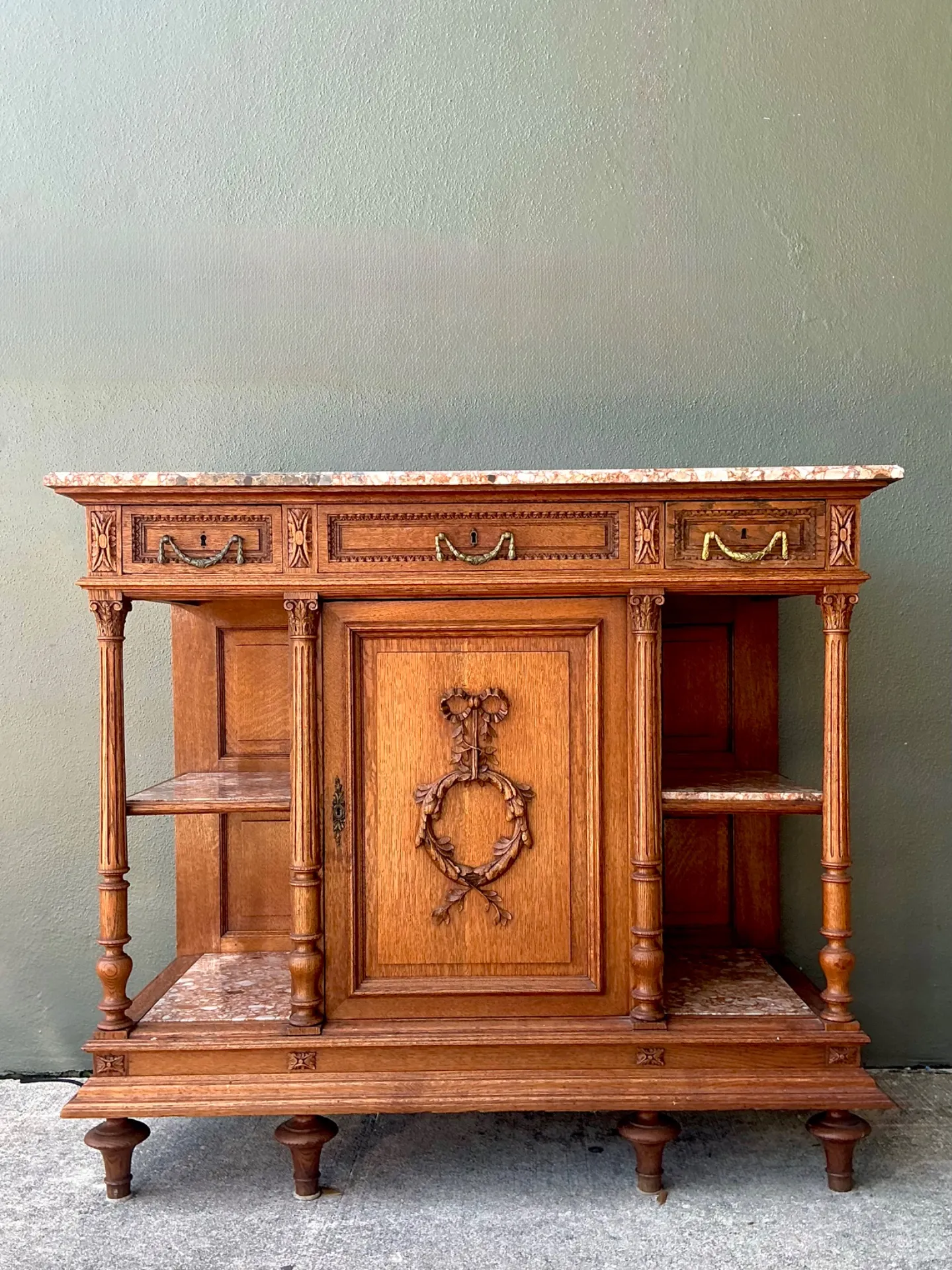 Vintage Marble Top Carved Wood Sideboard — additional photo 8