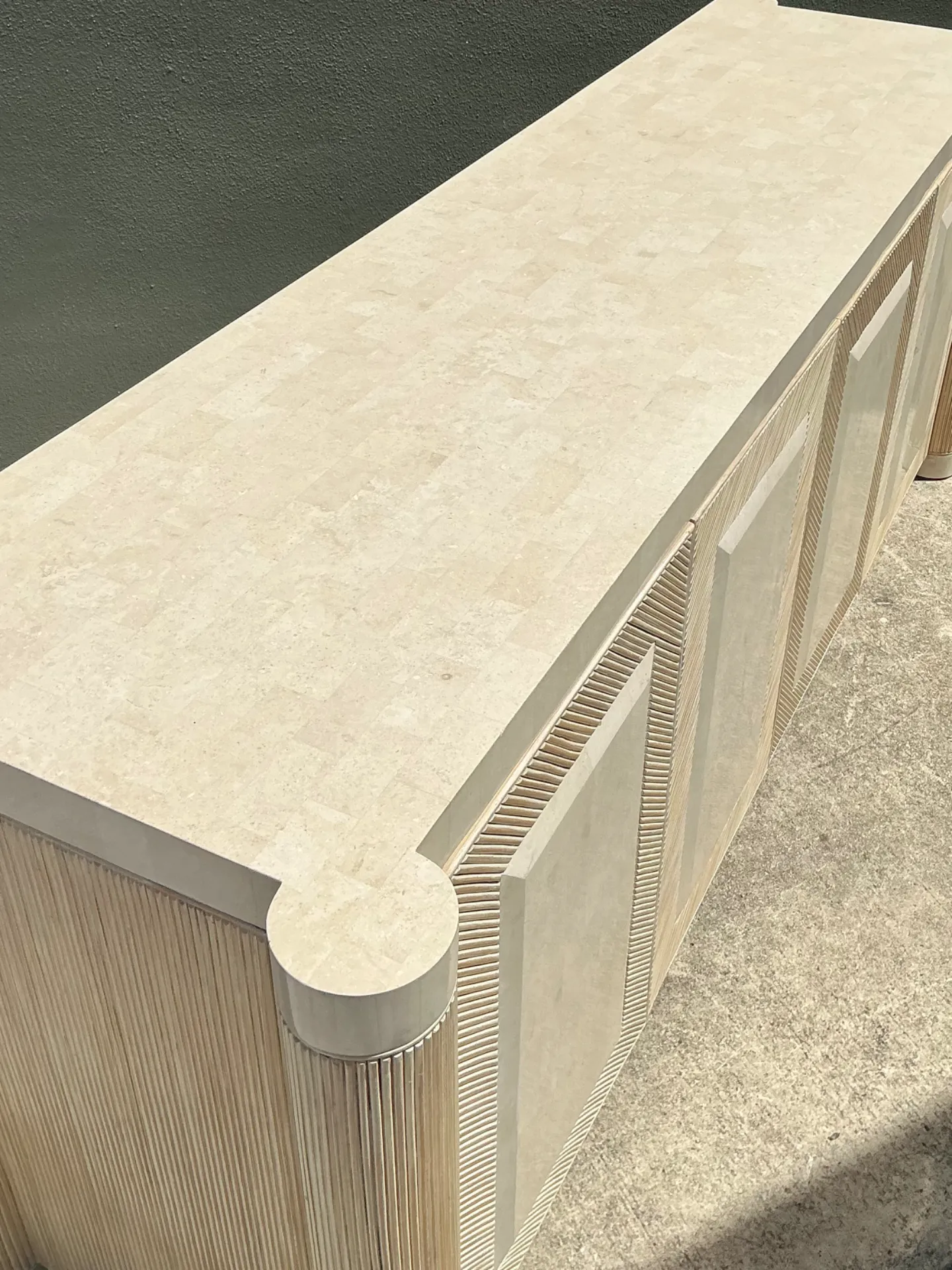 Vintage Washed Pencil Reed Credenza With Travertine Top — additional photo 4