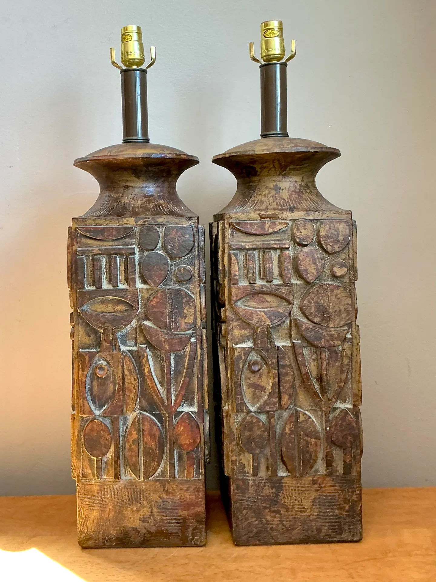 Vintage Abstract Carved Ceramic Lamps - A Pair — additional photo 2