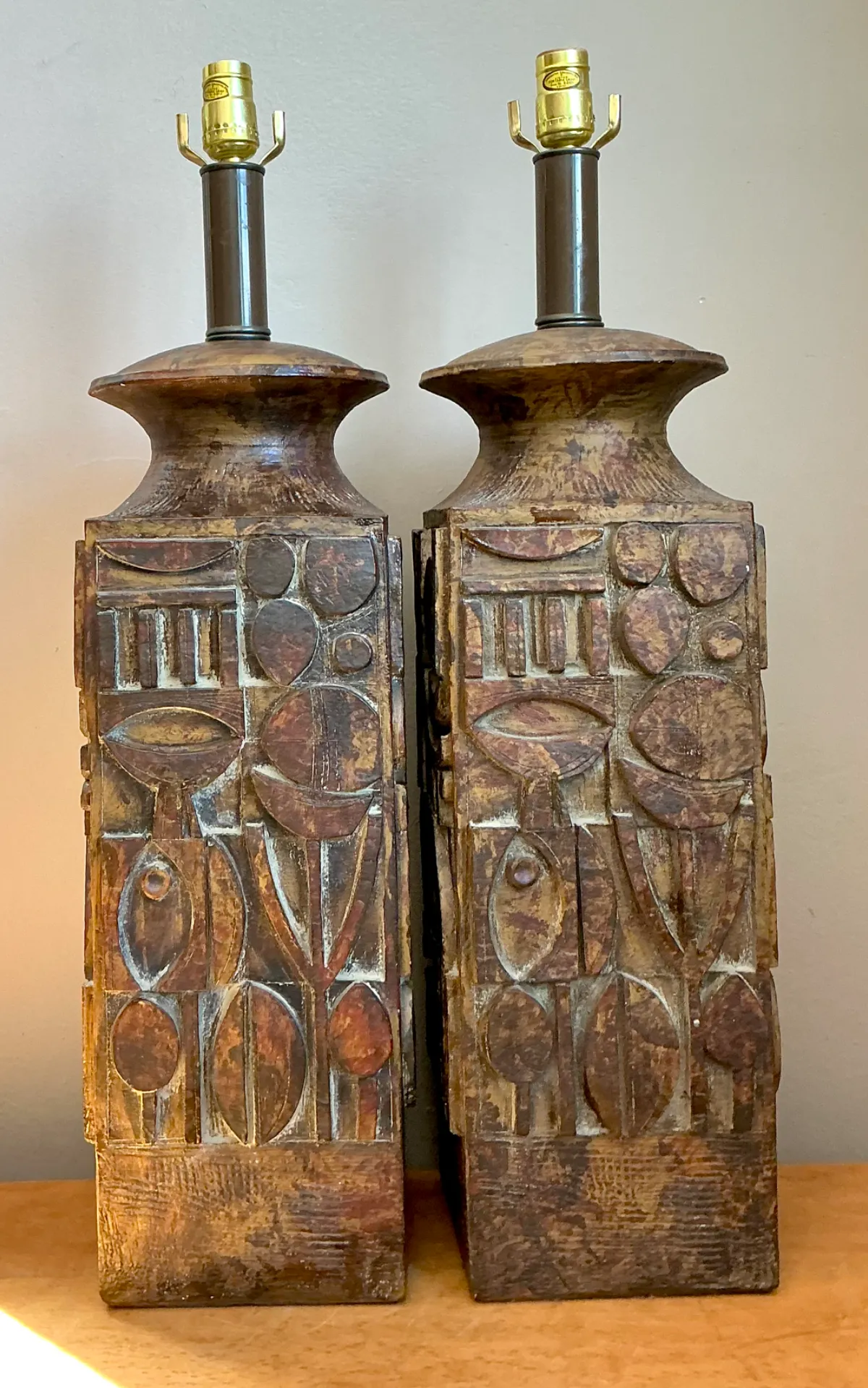 Vintage Abstract Carved Ceramic Lamps - A Pair — additional photo 2