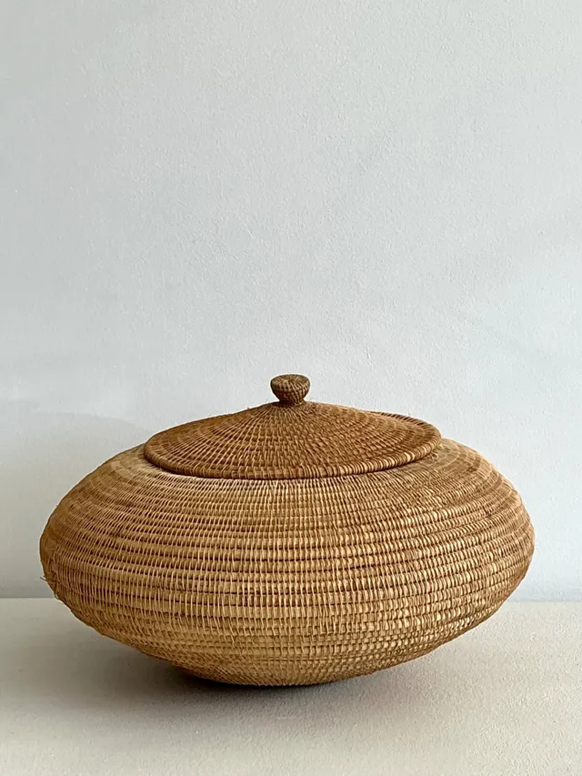 Vintage Woven Natural Fiber Lidded Basket - Wicker, 30W x 14.5H — additional photo 3