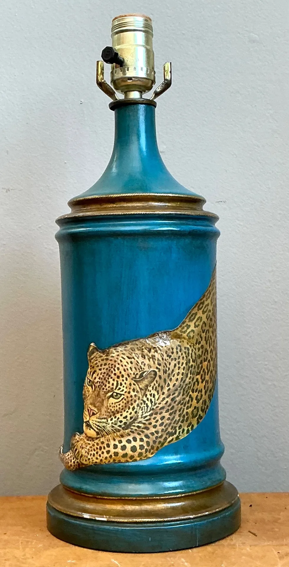 Vintage Blue and Gold Decoupage Leopard Lamp
