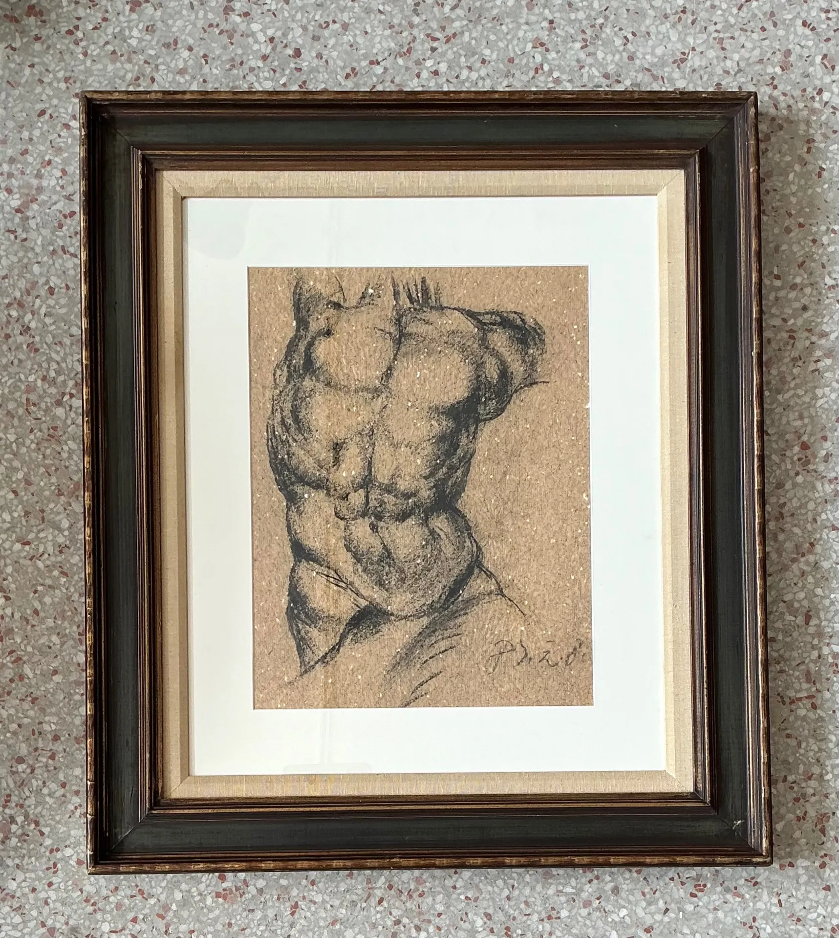 Vintage Original Charcoal Male Torso Drawing — additional photo 2