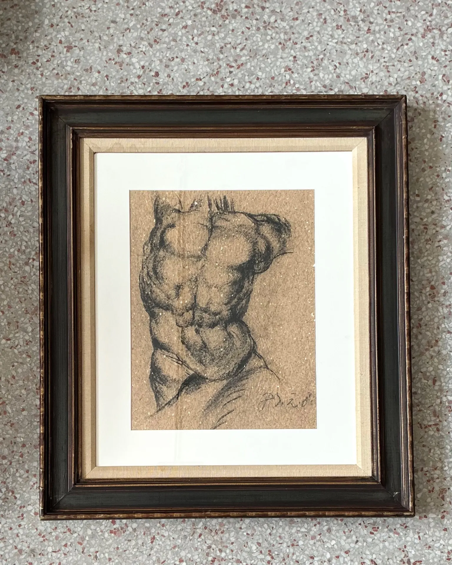 Vintage Original Charcoal Male Torso Drawing — additional photo 1
