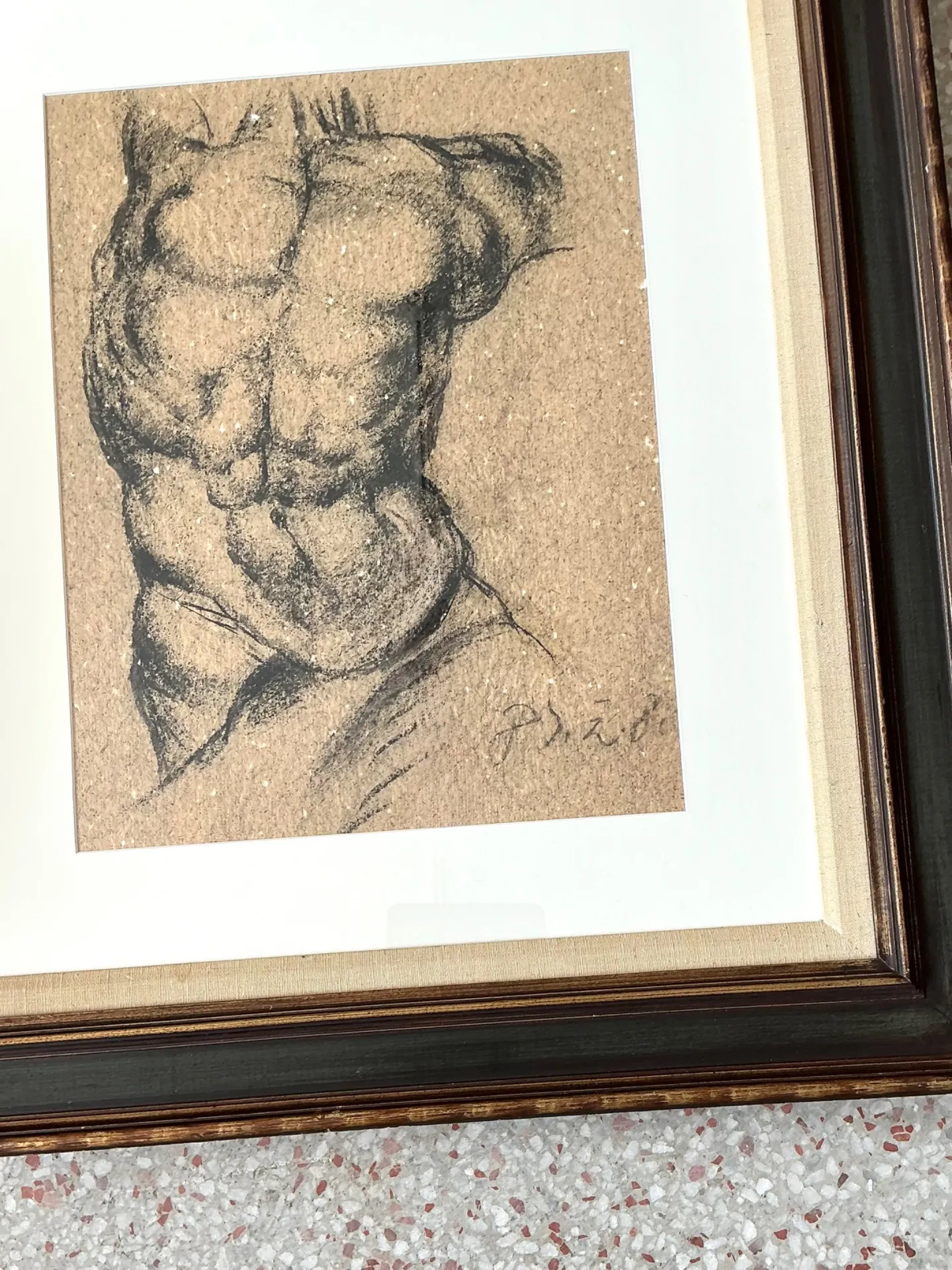 Vintage Original Charcoal Male Torso Drawing — additional photo 3