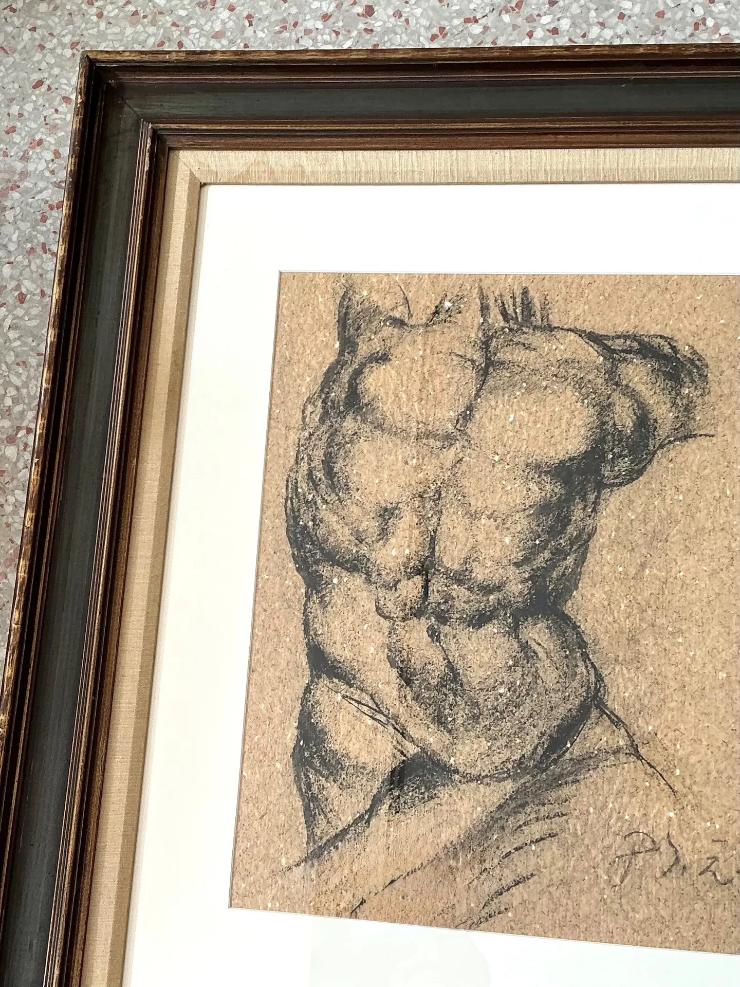 Vintage Original Charcoal Male Torso Drawing — additional photo 5