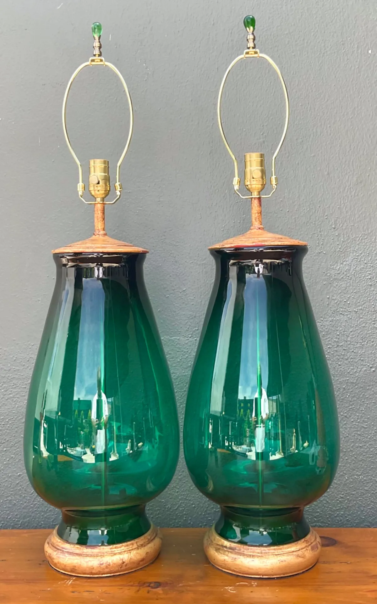 Vintage Emerald Glass Table Lamps - Set of 2