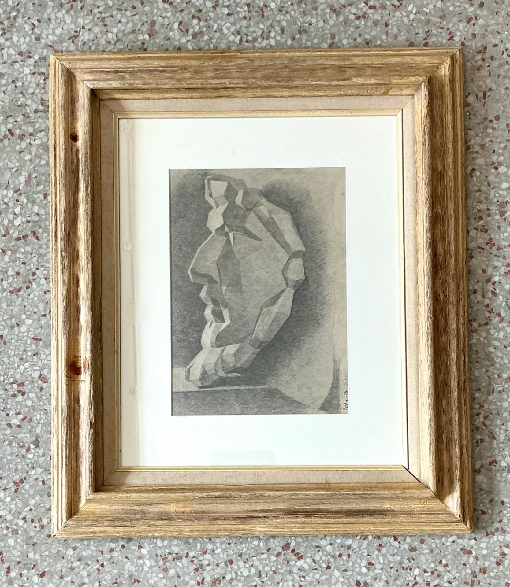 Vintage Framed Charcoal Geometric Bust Drawing — additional photo 2