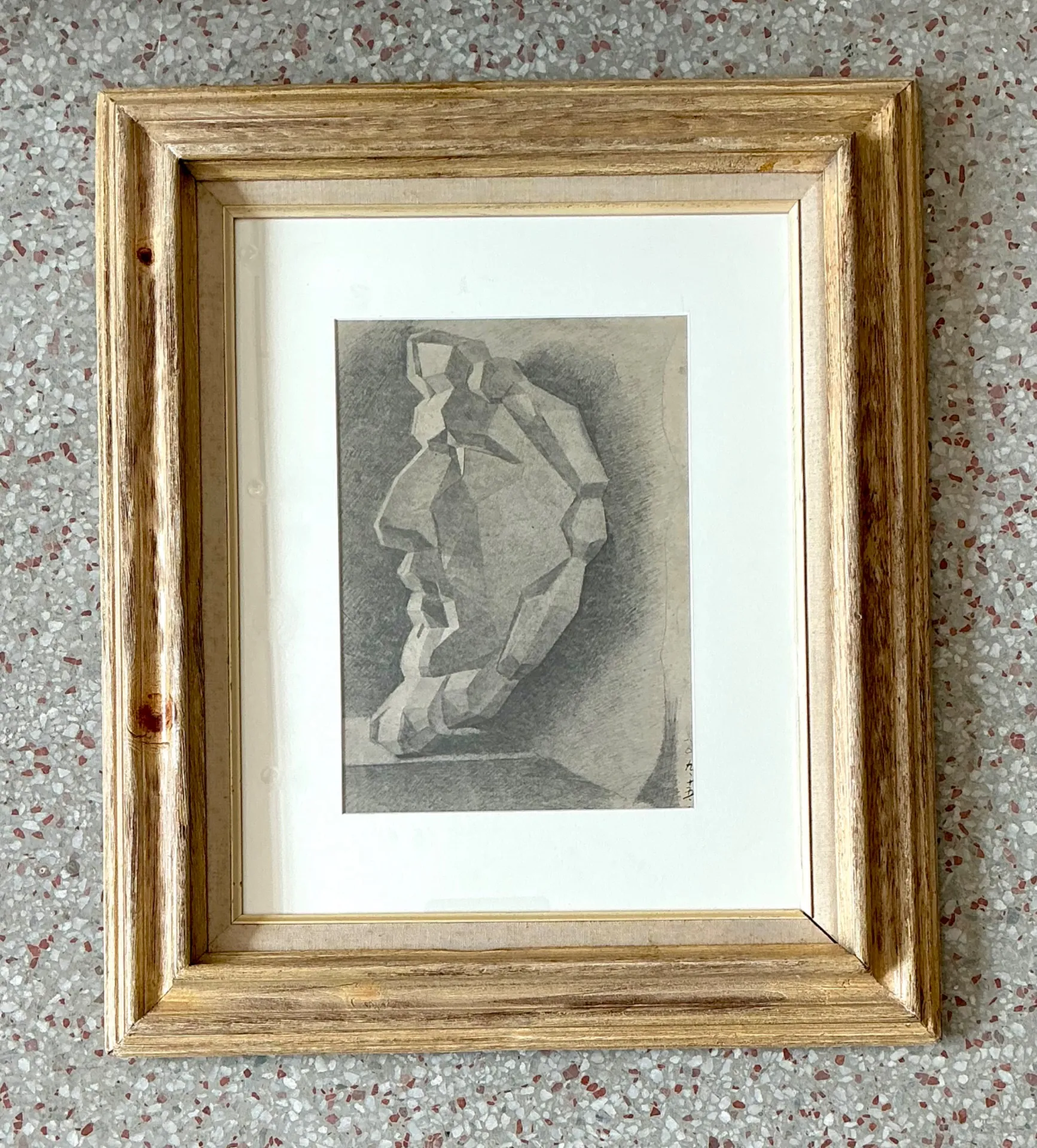 Vintage Framed Charcoal Geometric Bust Drawing — additional photo 6