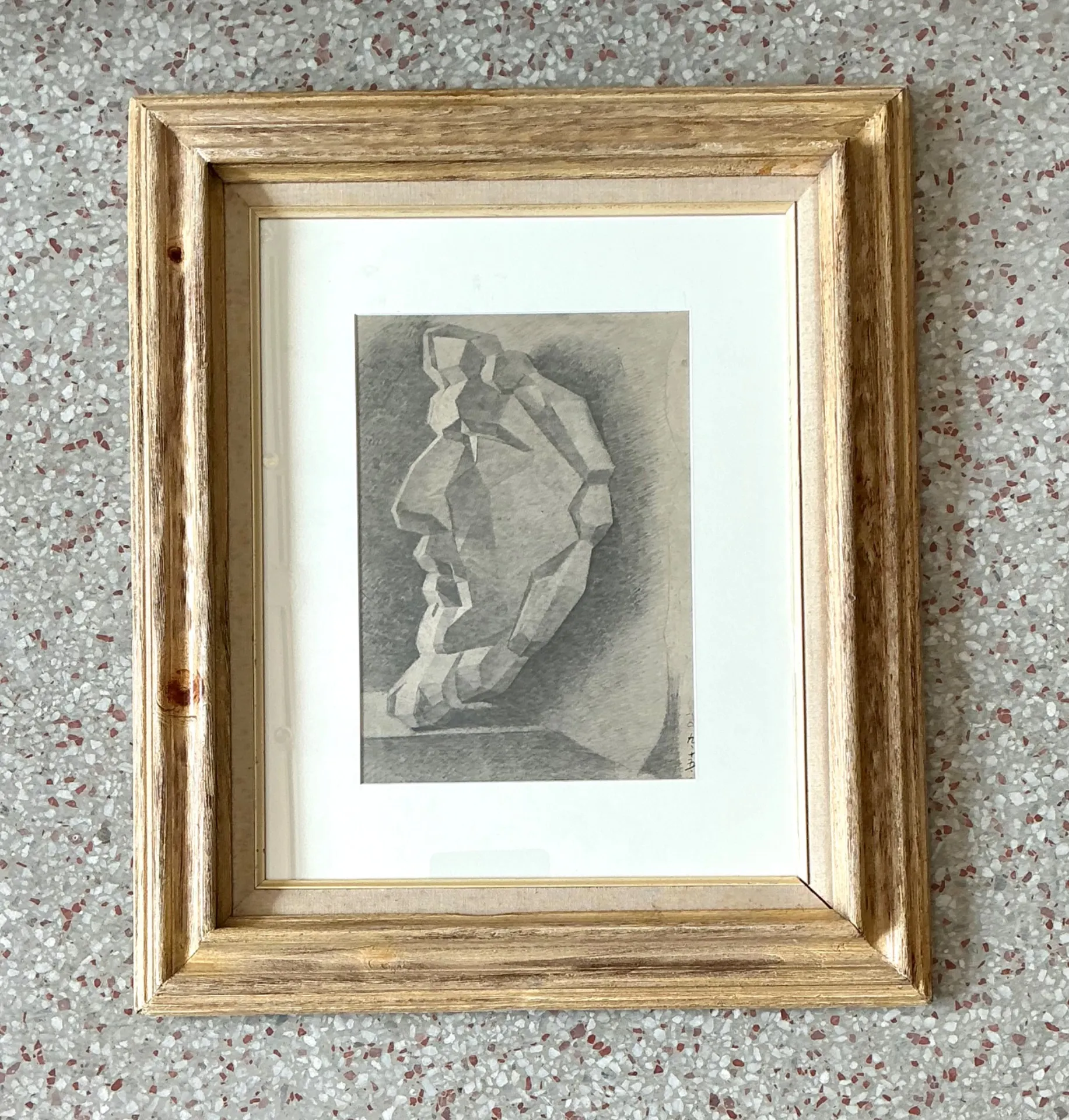 Vintage Framed Charcoal Geometric Bust Drawing — additional photo 5