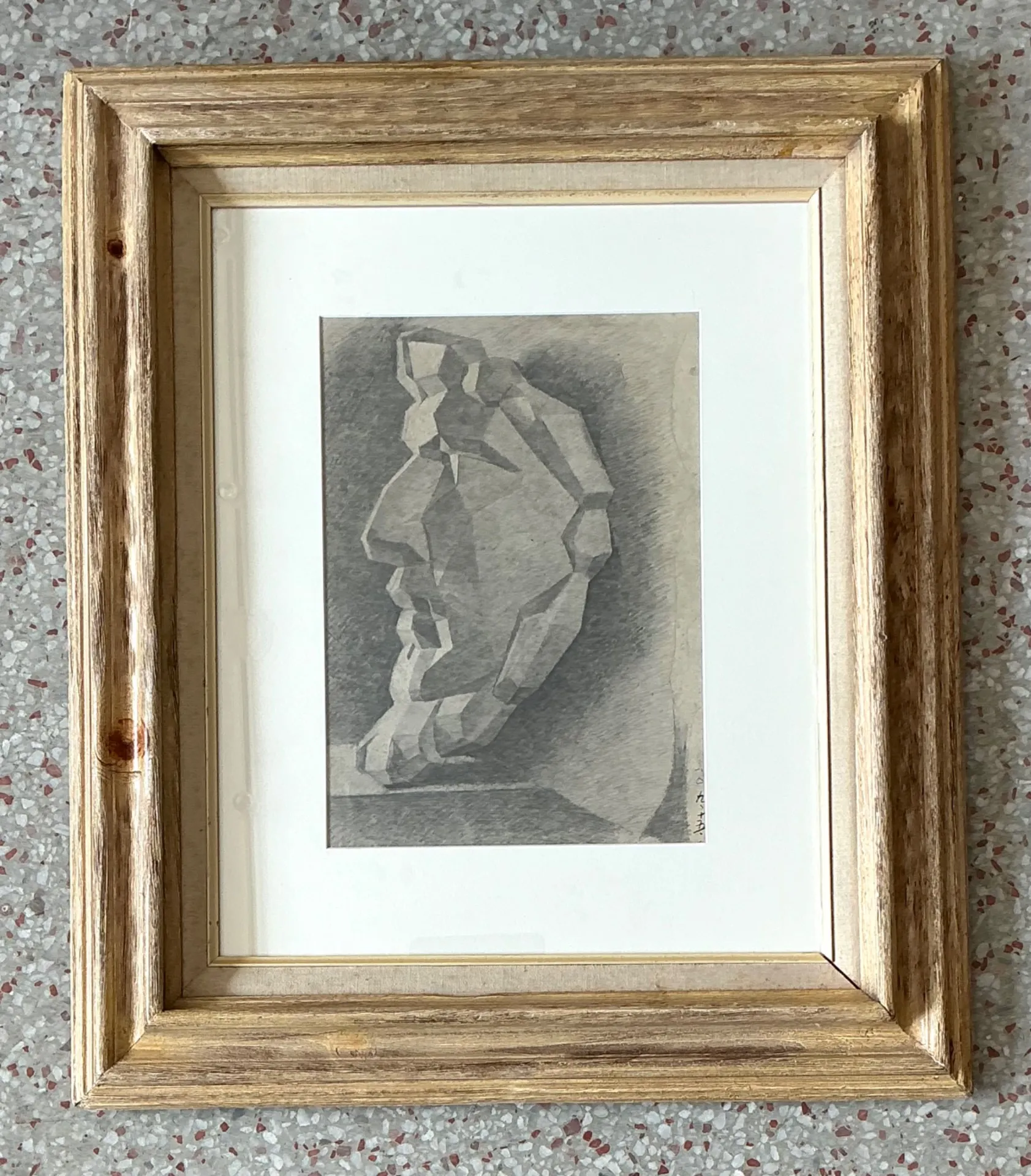 Vintage Framed Charcoal Geometric Bust Drawing — additional photo 4