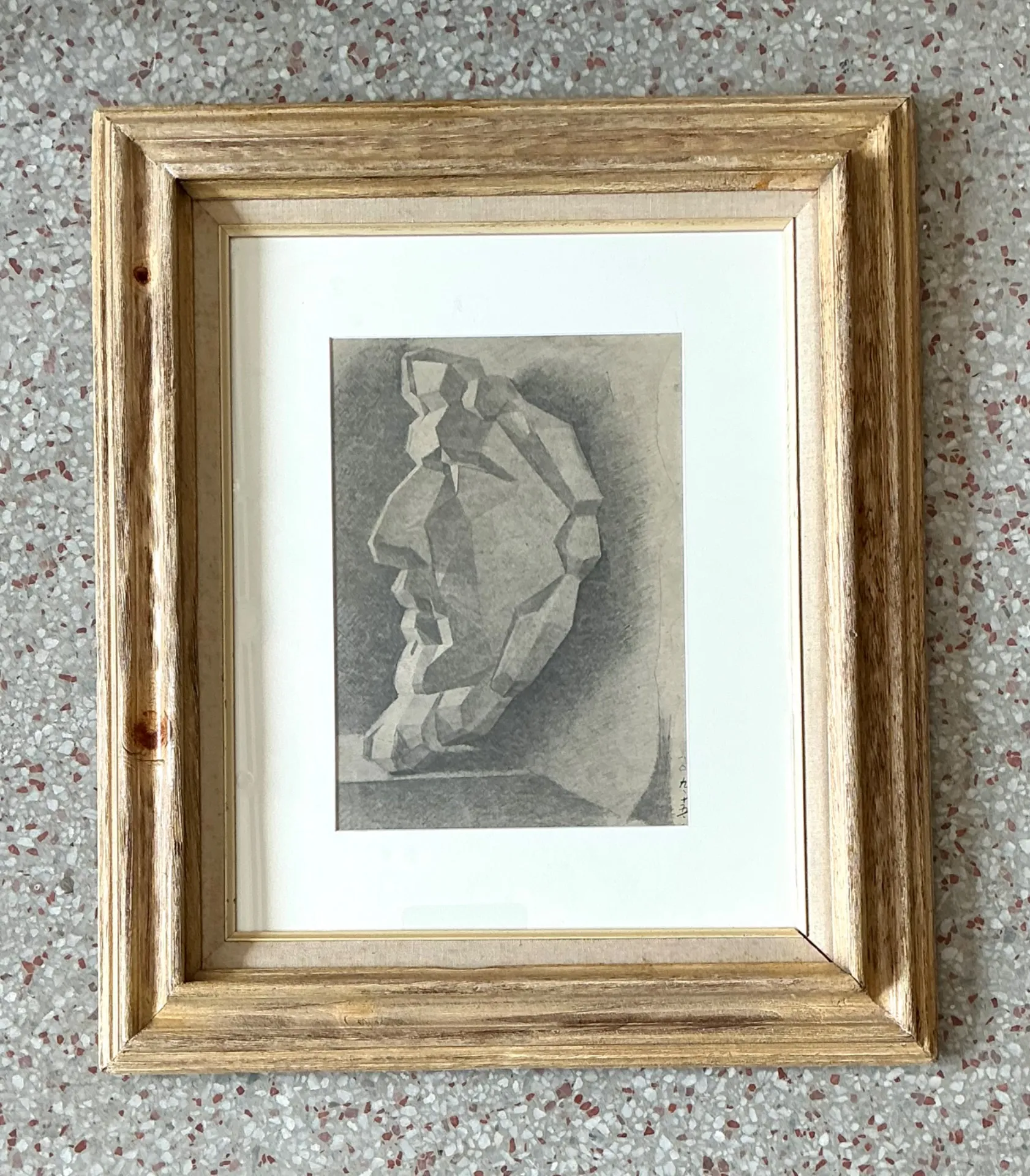 Vintage Framed Charcoal Geometric Bust Drawing — additional photo 1