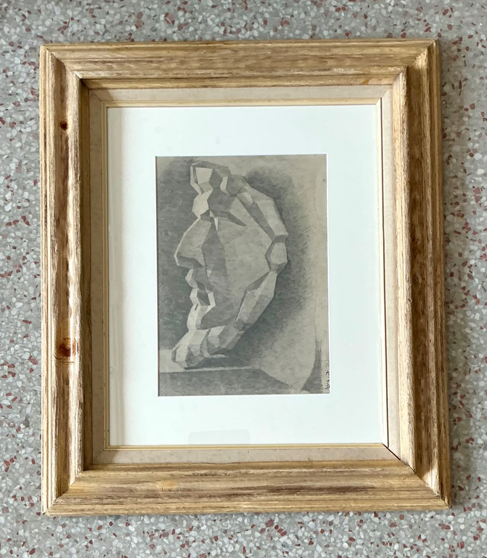 Vintage Framed Charcoal Geometric Bust Drawing — additional photo 3