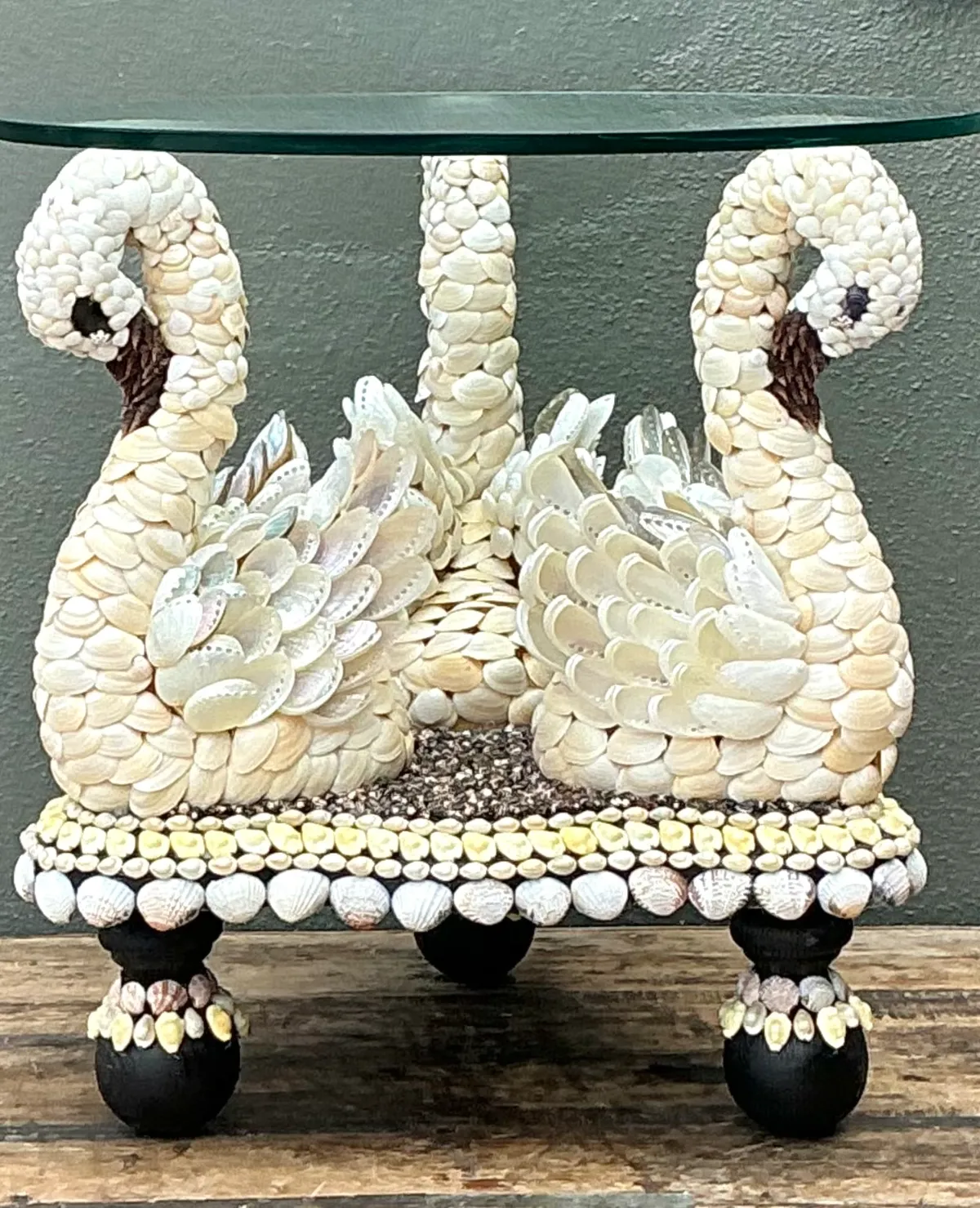 Vintage Shell Encrusted Wood Swan Table