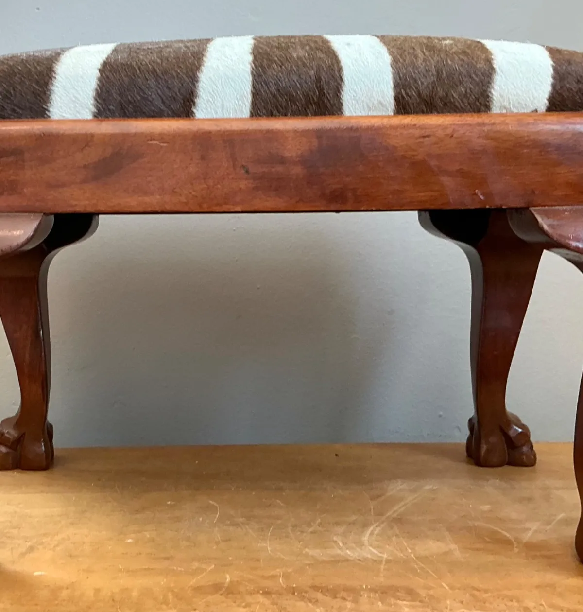 Vintage Zebra Upholstered Claw Foot Stool