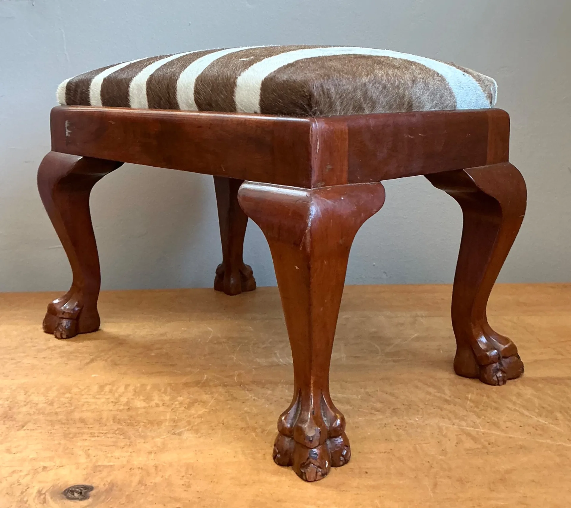 Vintage Zebra Upholstered Claw Foot Stool — additional photo 3