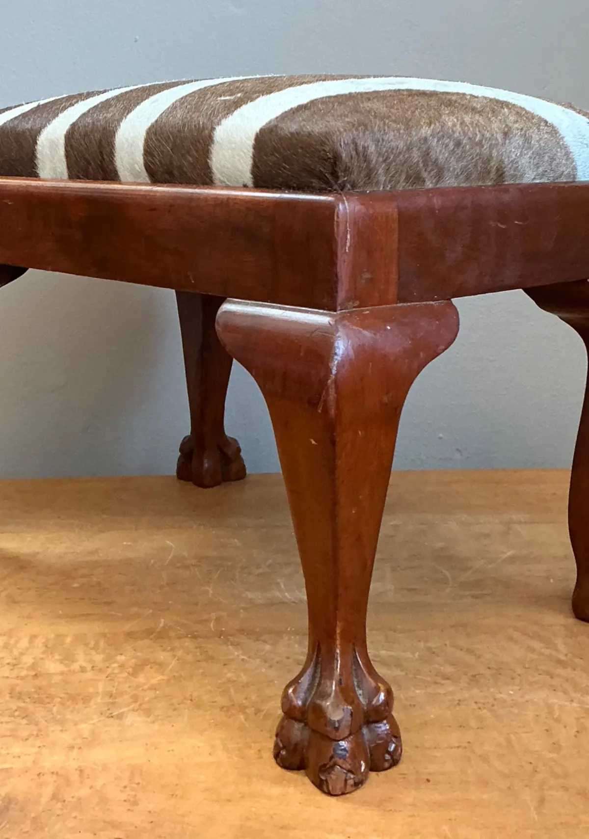 Vintage Zebra Upholstered Claw Foot Stool — additional photo 3