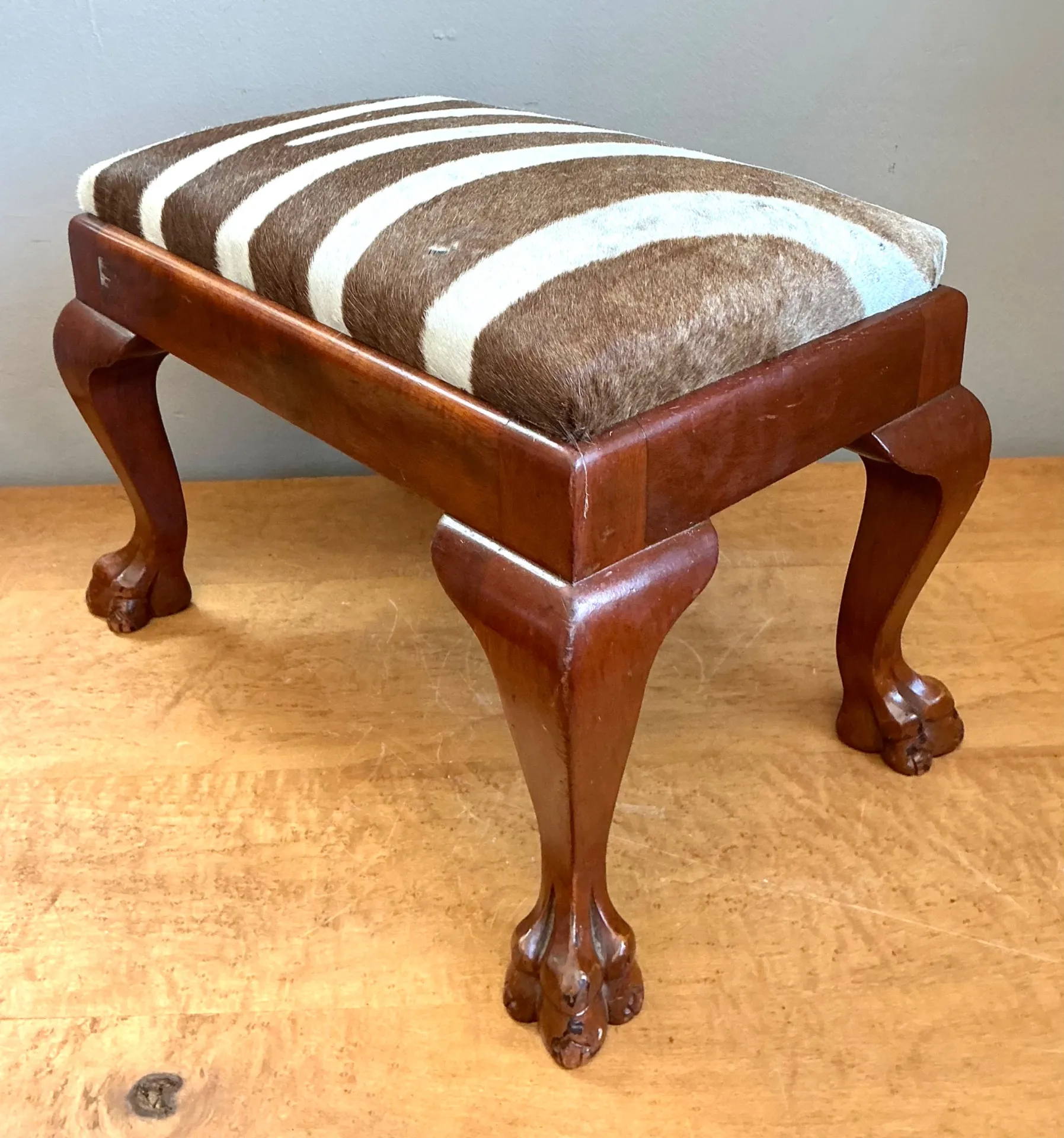 Vintage Zebra Upholstered Claw Foot Stool — additional photo 4