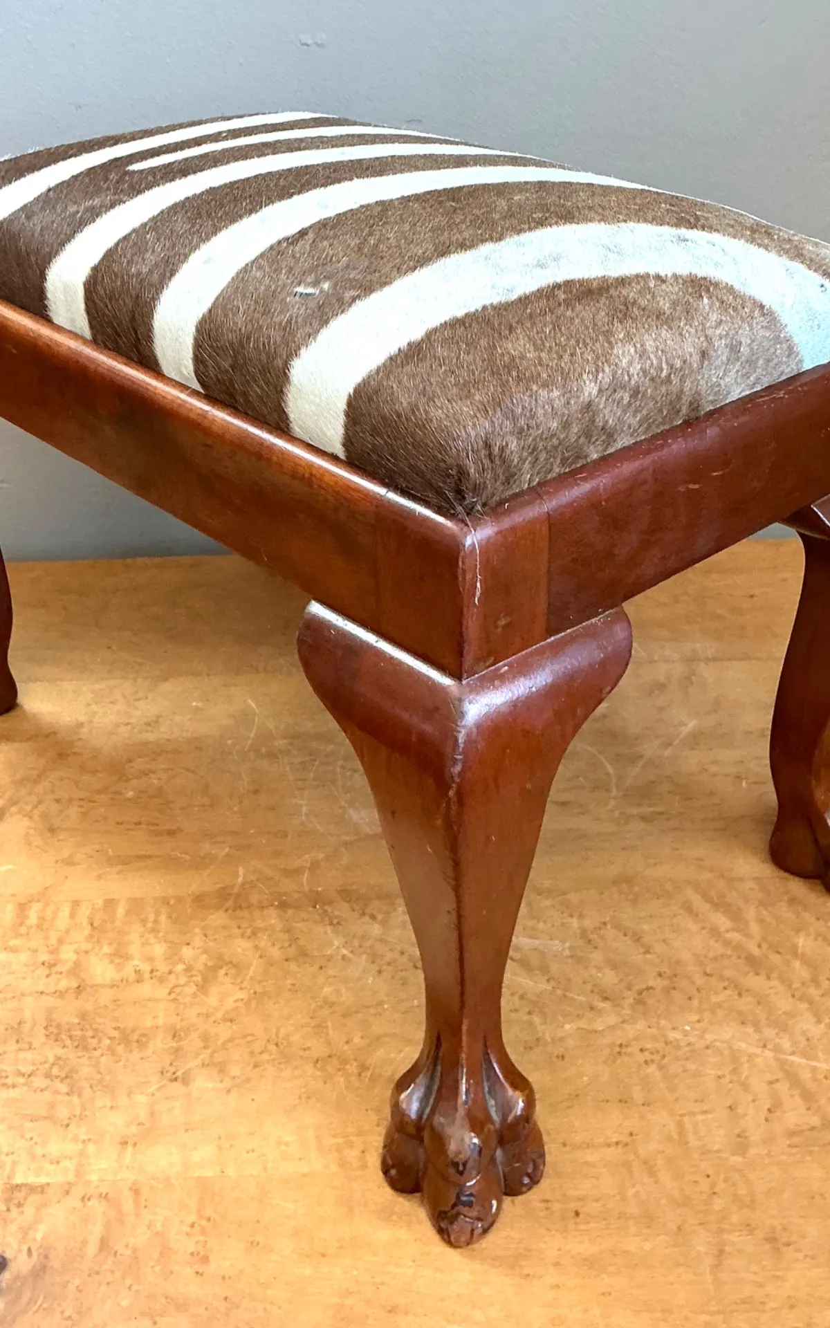 Vintage Zebra Upholstered Claw Foot Stool — additional photo 4