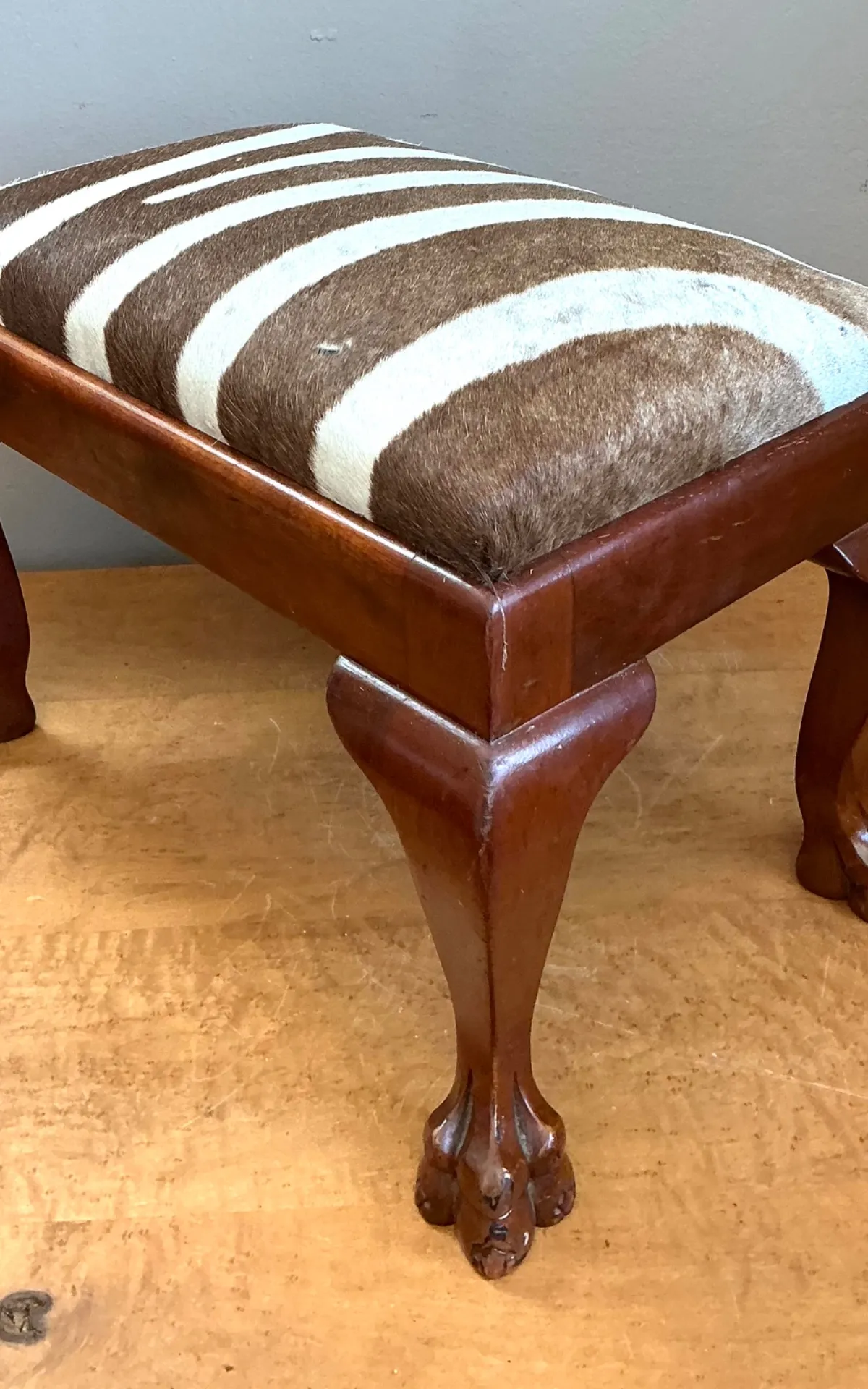 Vintage Zebra Upholstered Claw Foot Stool — additional photo 2