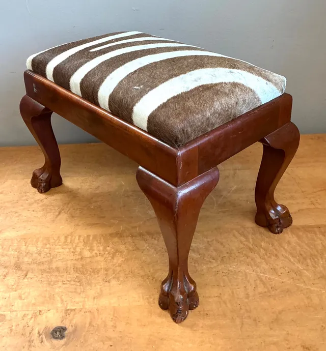 Vintage Zebra Upholstered Claw Foot Stool — additional photo 2