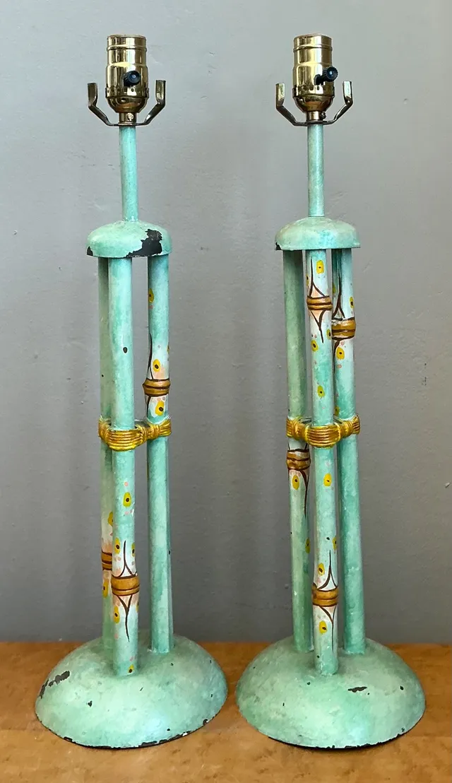 Vintage Distressed Hand-Painted Metal Lamps - Pair — additional photo 5