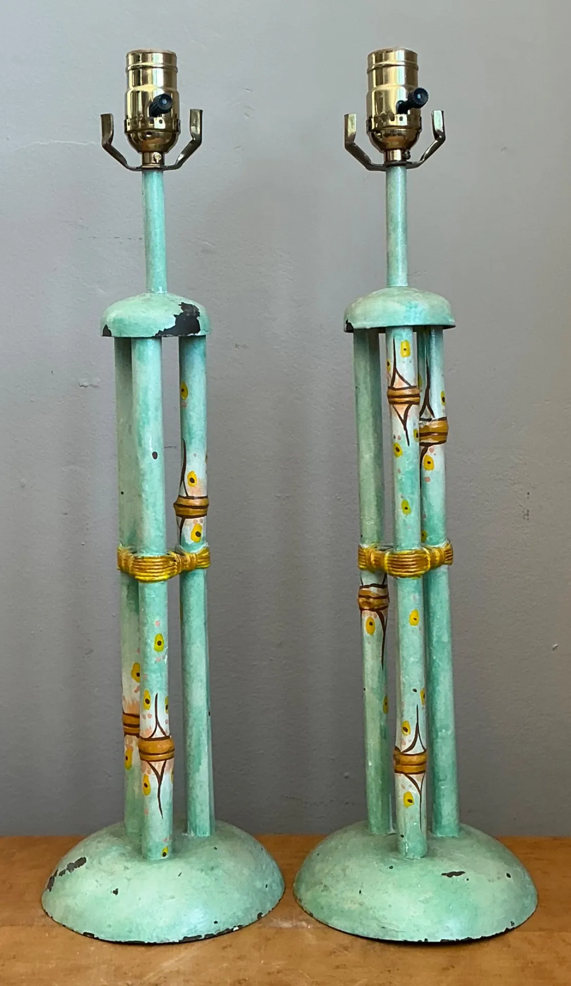 Vintage Distressed Hand-Painted Metal Lamps - Pair — additional photo 2